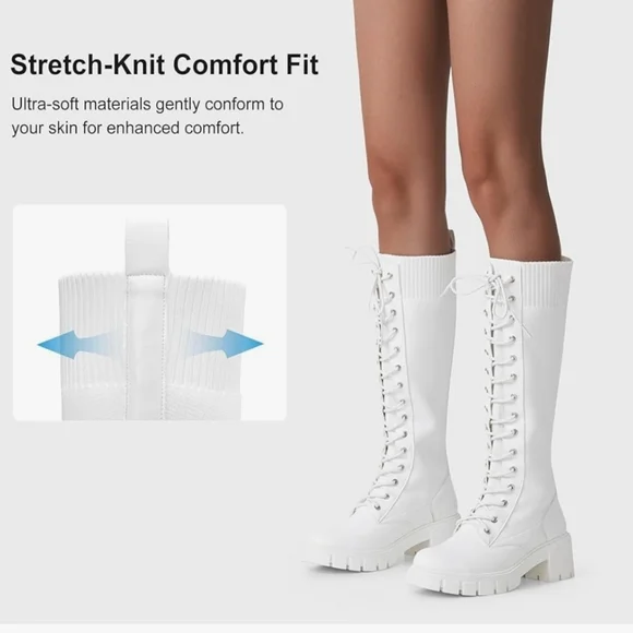 Women's White Knee-High Lace-Up Boots PU and Knit Material New - Picture 2 of 16